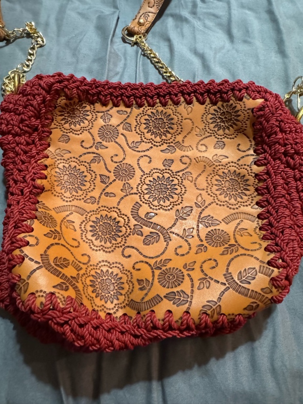 Handwoven Red-Trim Floral Embossed Tan Shoulder Bag
